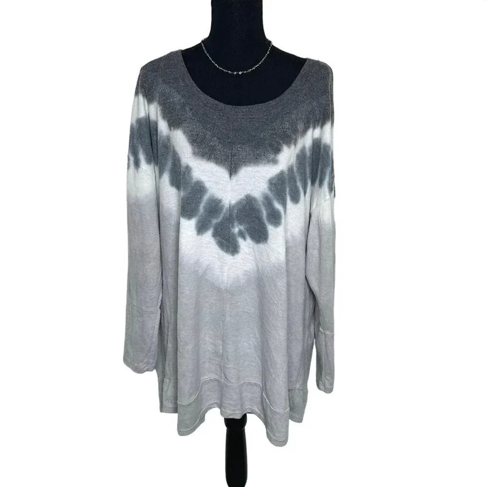 New Directions Studio Curvy Top 2X Gray Tie Dye Scoop Neck Long Sleeve Pullover
